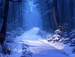 Naklejka premium Serene Winter Path Through a Snow Covered Forest