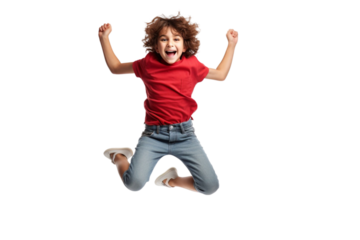 Young Boy Around 6 Years Old Jumping in Mid-Air Isolated on Transparent Background