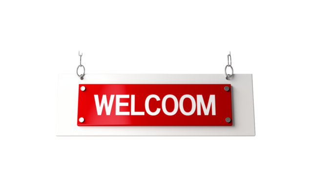 Welcome Sign: Red and White Hanging Sign for Business and Retail Stores transparency background - Powered by Adobe