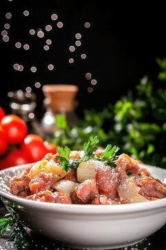 Delicious Khar Khuur Dish Featuring Savory Fried Meat with Onions and Garlic, Garnished with Fresh Herbs on a Rustic Background with Bokeh Effect
