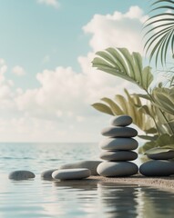 Tranquil stacking of smooth stones near water with tropical leaves in a serene setting.
