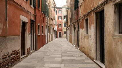 Fototapeta premium Narrow, quiet street in old European city with aged buildings.