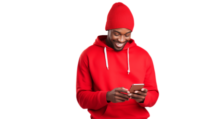 Happy young African-American man using smartphone app, smiling, wearing red hoodie and beanie. Perfect for social media, technology, communication, and lifestyle marketing campaigns transparency backg
