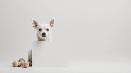 Playful dog in white space with toy indoor studio pet portrait minimalist design