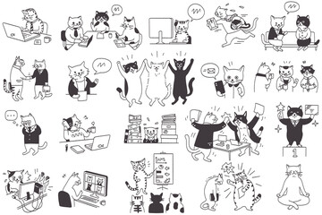 Cute and funny of cat character illustration design in various actions and activities in businesspeople concept. Outline, thin line art, hand drawn sketch, doodle, big set. 