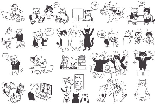 Cute and funny of cat character illustration design in various actions and activities in businesspeople concept. Outline, thin line art, hand drawn sketch, doodle, big set. 