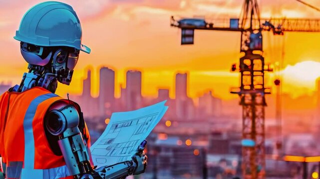 Android robot builder working at a futuristic construction site with advanced tools and materials new beautiful stock video footage animation AI