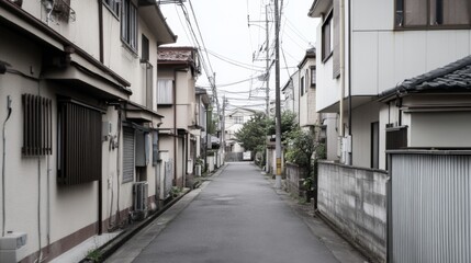 Obraz premium Narrow residential street in Japan, houses, quiet, empty.