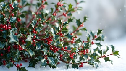 Obraz premium Stunning Studio Shot, Ornate Dark Red European Holly Boughs with Delicate White Berries on Snow, Isolated on White Background