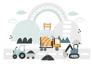 Vector kids illustration with cute funny construction machines. Tractor, bulldozer, excavator, truck. Mountains and hills, plants, rainbow. Boho trendy design.. City with cars, road, highway. Nursery. © ZHUKO