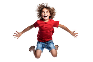 Young Boy Around 6 Years Old Jumping in Mid-Air Isolated on Transparent Background