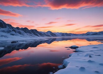 A frozen lake reflects the vibrant colors of the arctic sky during sunset, reflection, warm hues, sunset colors