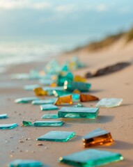 Colorful Glass Waste in Coastal Setting with Soft Light