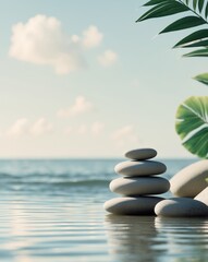 Tranquil stacking of smooth stones near water with tropical leaves in a serene setting.