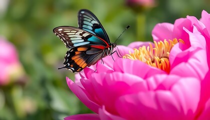 Vibrant Butterfly on Pink Peony: A Serene Garden Scene
