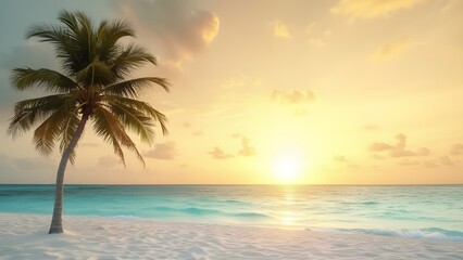 Obraz premium Minimalist Tropical Beach Sunset, Golden Hour Palm Tree on White Sand, Turquoise Ocean