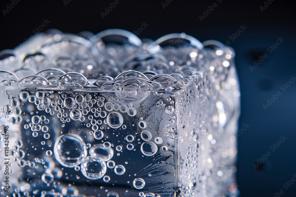 Wall mural A close-up of a perfectly formed ice cube with intricate air bubbles trapped inside, illuminated by soft light.