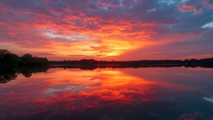 Obraz premium Stunning Vibrant Orange Sunset over Serene Lake with Colorful Cloud Reflections