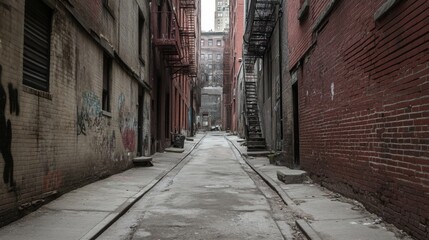 Fototapeta premium Narrow urban alleyway with brick buildings, graffiti, and a staircase.