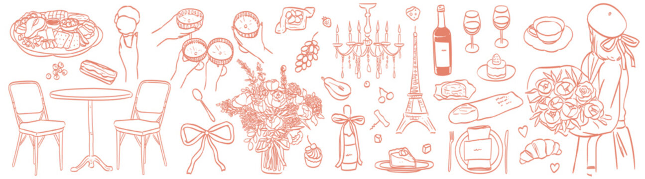 Set of hand drawn food and wine doodles. French cuisine food drawings. Desserts and beverages in french style for dinner, breakfast or brunch for cafe or restaurant menu, fliers, wedding invitations.