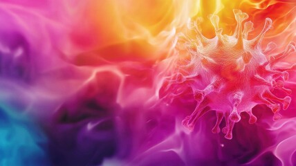 Fototapeta premium A vibrant, abstract image featuring colorful swirls and a central, spiky structure resembling a virus, set against a fluid background of bright hues.