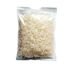 A transparent plastic bag filled with uncooked white rice, perfect for culinary themes, cooking concepts, or grocery topics.