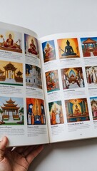 Obraz premium An open book with pages showing illustrations of various religious practices, temples, and places of worship, highlighting the diversity of belief systems.