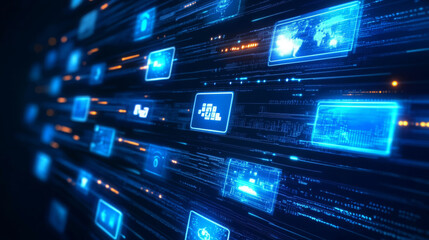 chaotic yet visually captivating arrangement of glowing blue digital screens, showcasing data streams and technology elements, creates futuristic atmosphere
