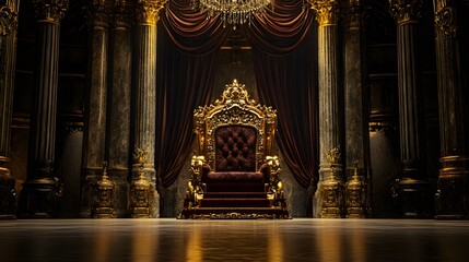 Fototapeta premium A regal King Throne stands in a grand hall, adorned with intricate carvings and luxurious fabrics, symbolizing power and authority in a generative stock photo