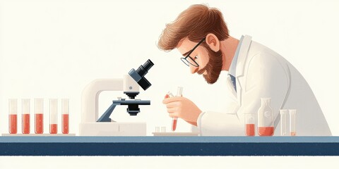 A focused scientist conducts experiments using a microscope and test tubes in a clean laboratory setting.