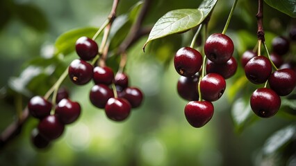 Deep red coffee cherries on branch with lush green foliage and dreamy bokeh background.
