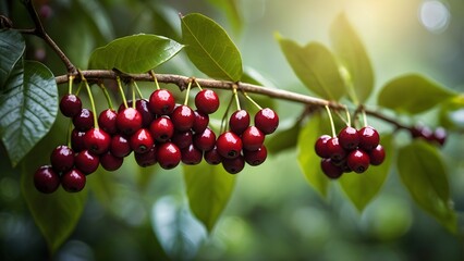 Deep red coffee cherries on branch with lush green foliage and dreamy bokeh background.