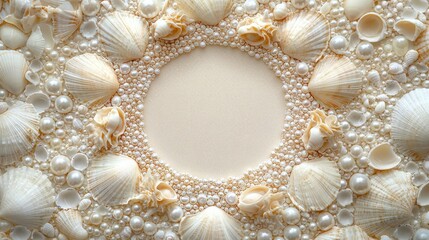 Obraz premium Mandala made of shells and pearls on white surface for ad