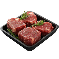 Fresh, high-quality beef steaks displayed on a black platter, garnished with green rosemary for an appetizing presentation.