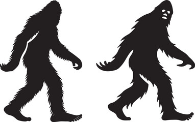 Fototapeta premium Walking Bigfoot Silhouette Vector Art. Bigfoot yeti silhouette set, isolated white background