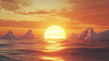 Naklejka premium Golden sunset over ocean waves with dramatic sky and distant icebergs