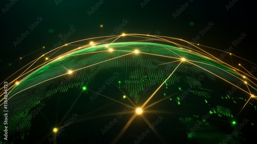 Poster conceptual image of globe with interconnected lines and glowing nodes, representing global connectiv