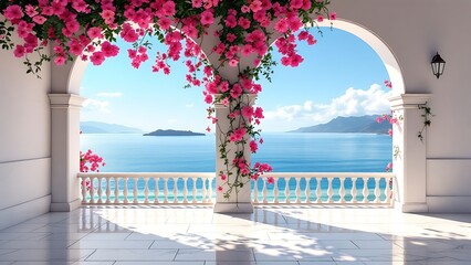 Fototapeta premium The scenic view through an arch adorned with flowers leading to the sea with copy space image