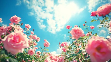 extreme low angle of a pink rose field bg blue sky 