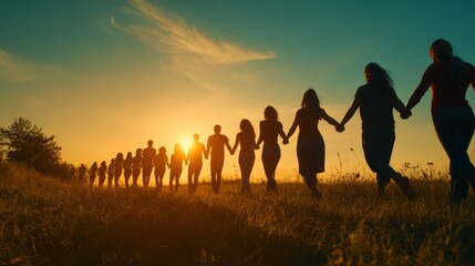 Fototapeta premium People Forming a Chain in the Golden Hour Light