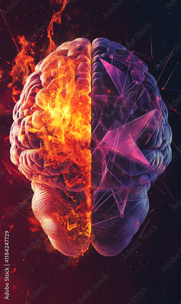Poster artistic representation of brain hemispheres with fire and digital elements