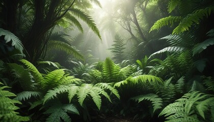 Naklejka premium Large green leaves and ferns in a dense jungle environment with dappled light, misty jungle, tropical plants, natural scenery