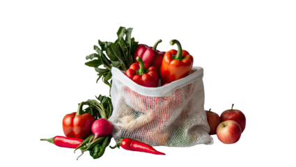 Reusable Mesh Bag Filled with Red Vegetables on Transparent Background