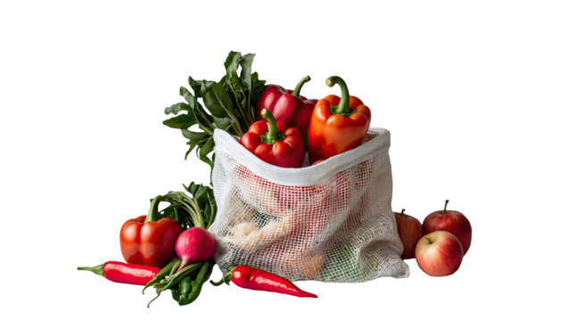 Reusable Mesh Bag Filled with Red Vegetables on Transparent Background