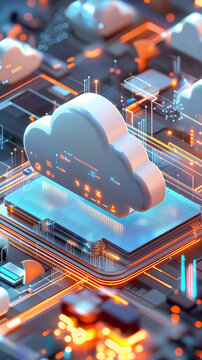 3D rendering depicts a cloud icon on a circuit board symbolizing cloud computing data storage and server technology within a digital infrastructure network