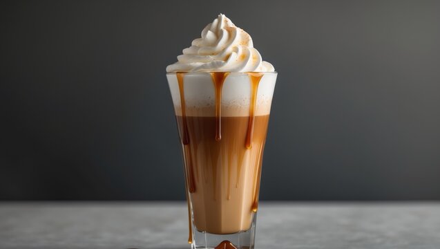 Caramel latte in tall glasses with whipped cream and caramel drizzle on a dark background studio shot