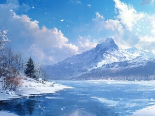 Fototapeta premium Serene Winter Landscape Featuring Snowy Mountains and Frozen Lake