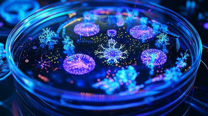 Petri dish with glowing microbes, symbolizing infectious disease research.