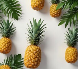 White surface with fresh pineapple and leaves, leaves, greenery, natural light