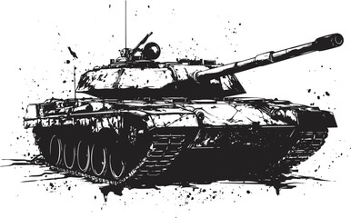 Black and white ink illustration of a military tank in action.